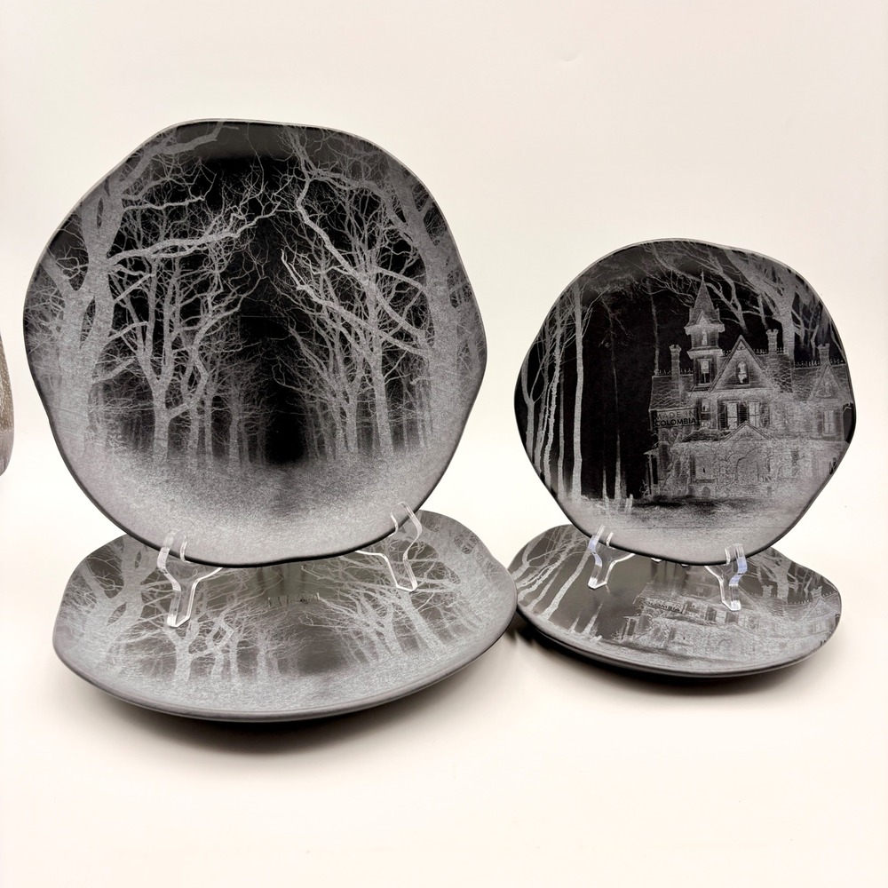 Gothic Haunted House Forest Matte Black Ceramic Plate Set 4pc Made in Colombia